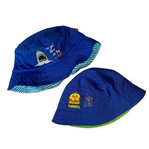 2 Boys blue bucket sun hats 100% cotton shark hamburger Gertex size 4-6x